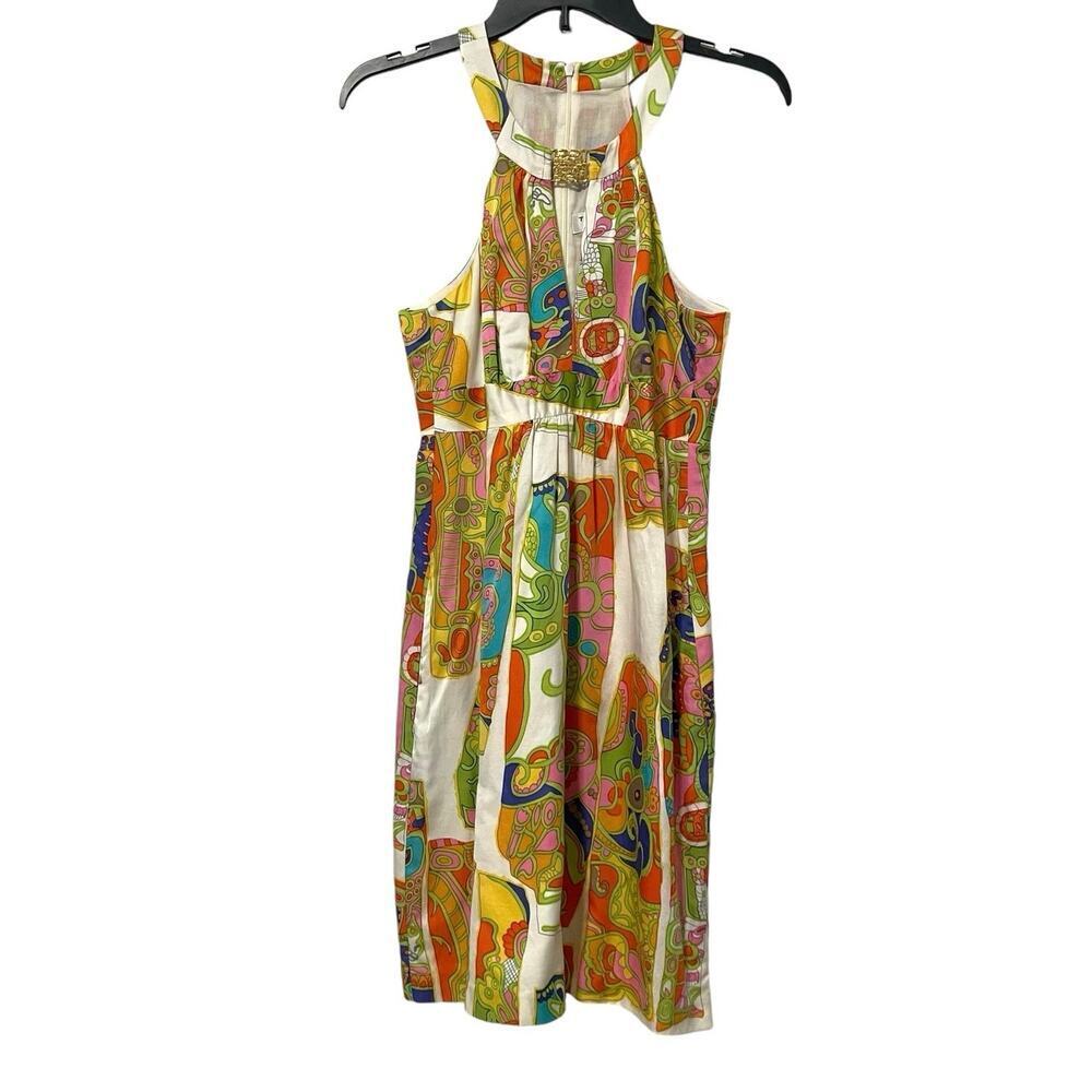 Trina Turk Multicolor Silk Halter Neck Mini Dress Sz 2 Retro Funky Artsy Formal